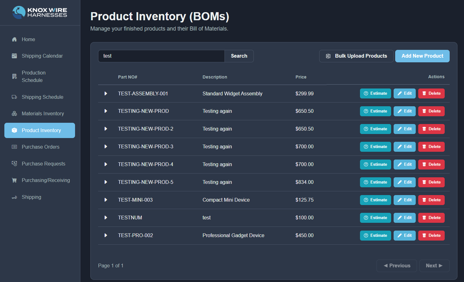 Knox Wire Harnesses Product Inventory System